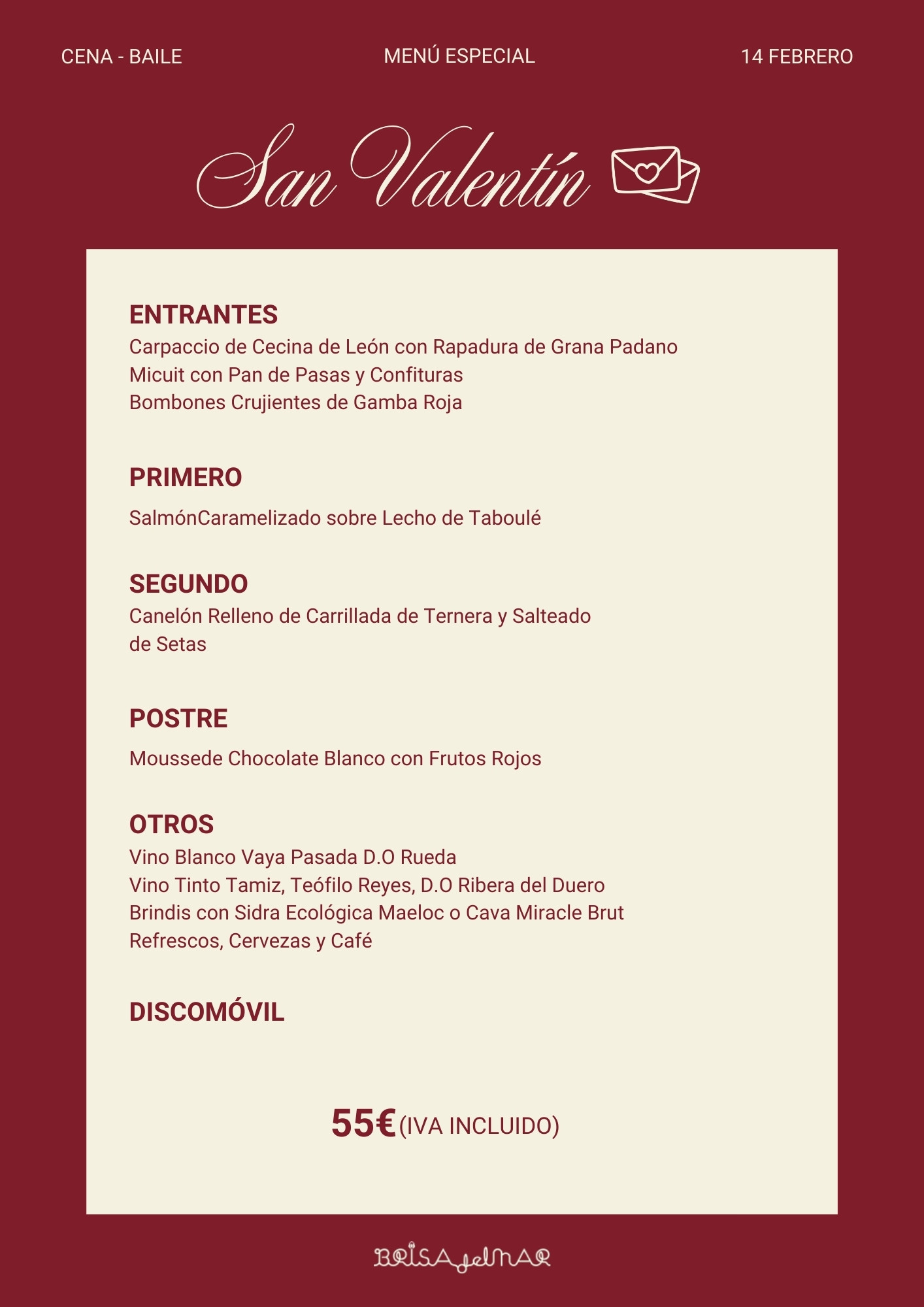 Menú San Valentín Brisa del Mar 2026